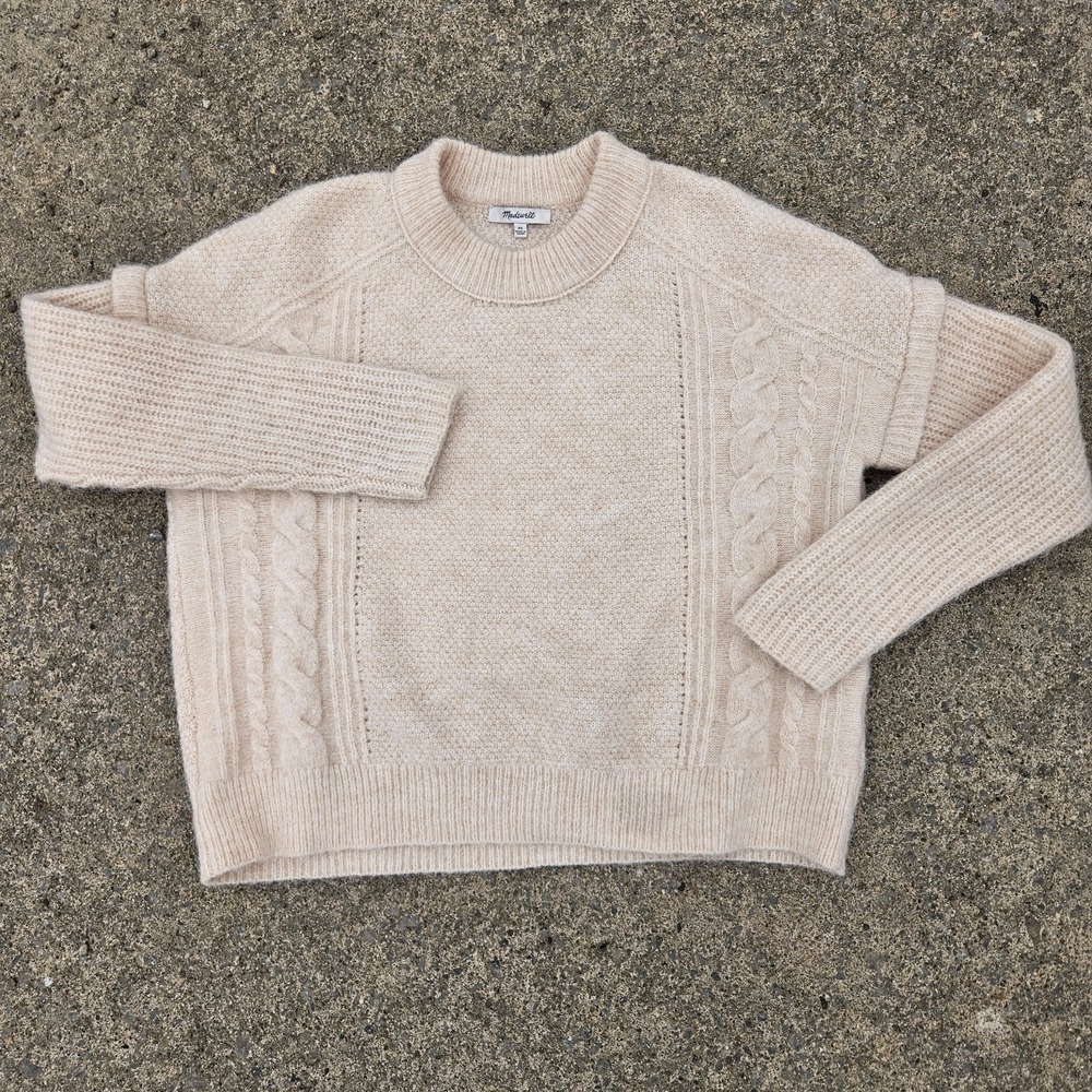 Madewell Cream Cable Knit Crewneck Sweater Alpaca Wool Poly Blend XS Chunky